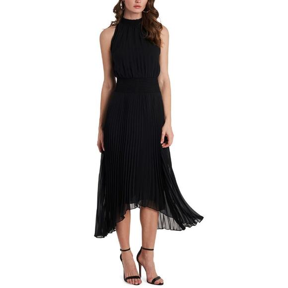 1. STATE Women's Pleated Midi Dress Small Black Halter Neck Handkerchief Hem NWT - Picture 1 of 10